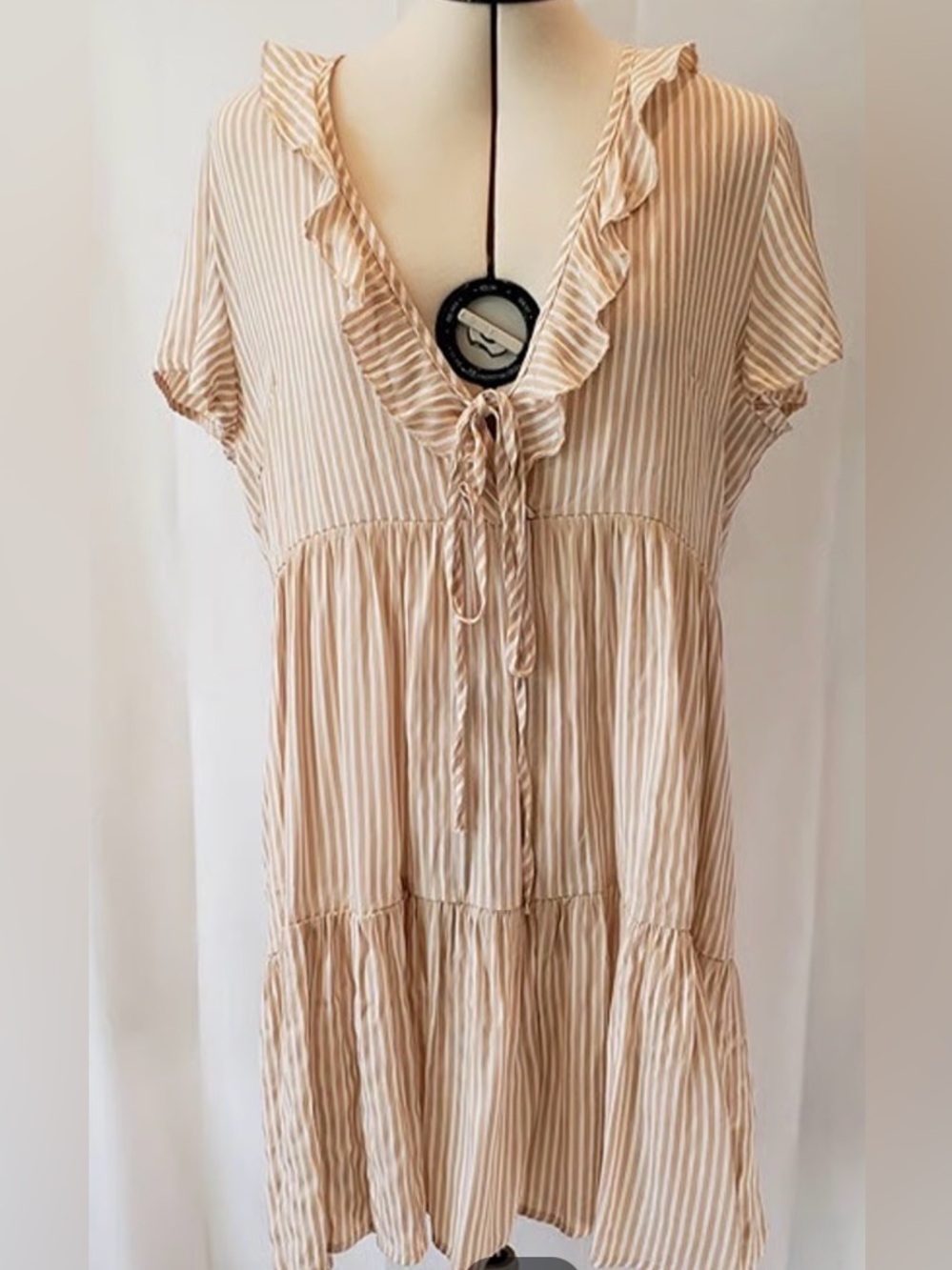 Cupshe Beige and White Striped Ruffle Tie-Front Dress, XL